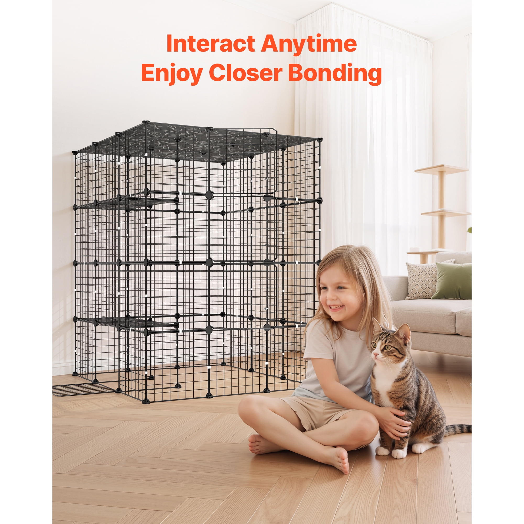 KFFKFF 4-Tier Cat Cage 40.98"x40.98"x55" DIY Indoor Playpen, Detachable Metal Wire Enclosure with 4 Doors, Spacious Exercise Area for 2-3 Cats, Kittens, or Small Pets, Black