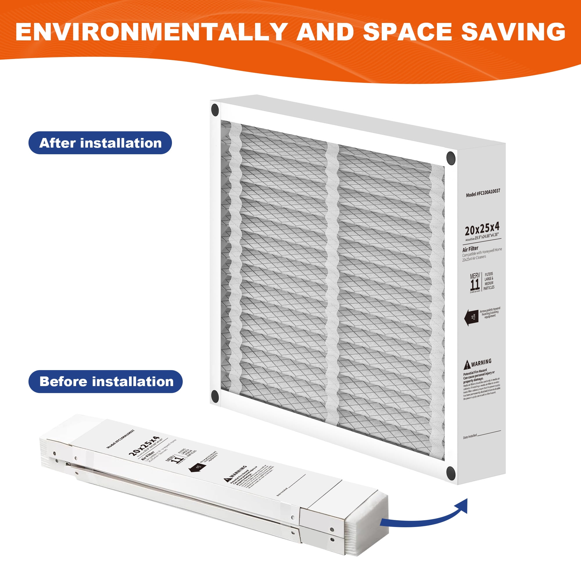 20x25x4 Air Filter Replacement, Compatible with Honeywell FC100A1037 HVAC AC Furnace MERV 11 Filters, Actual Size: 19.75’’x24.88’’x 4.38’’-2PACK