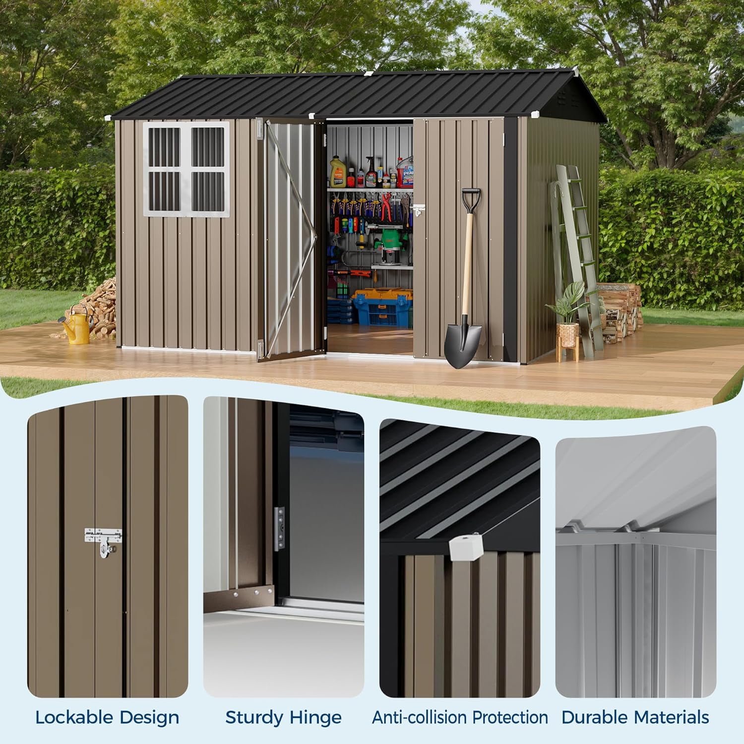 10X8 FT Storage Shed,Outdoor Storage Shed with Windows & Double Doors,Outdoor Tool Shed with 450 Cu Ft Space,Metal Sheds Outdoor Storage for Garden, Backyard, Patio and Backyard