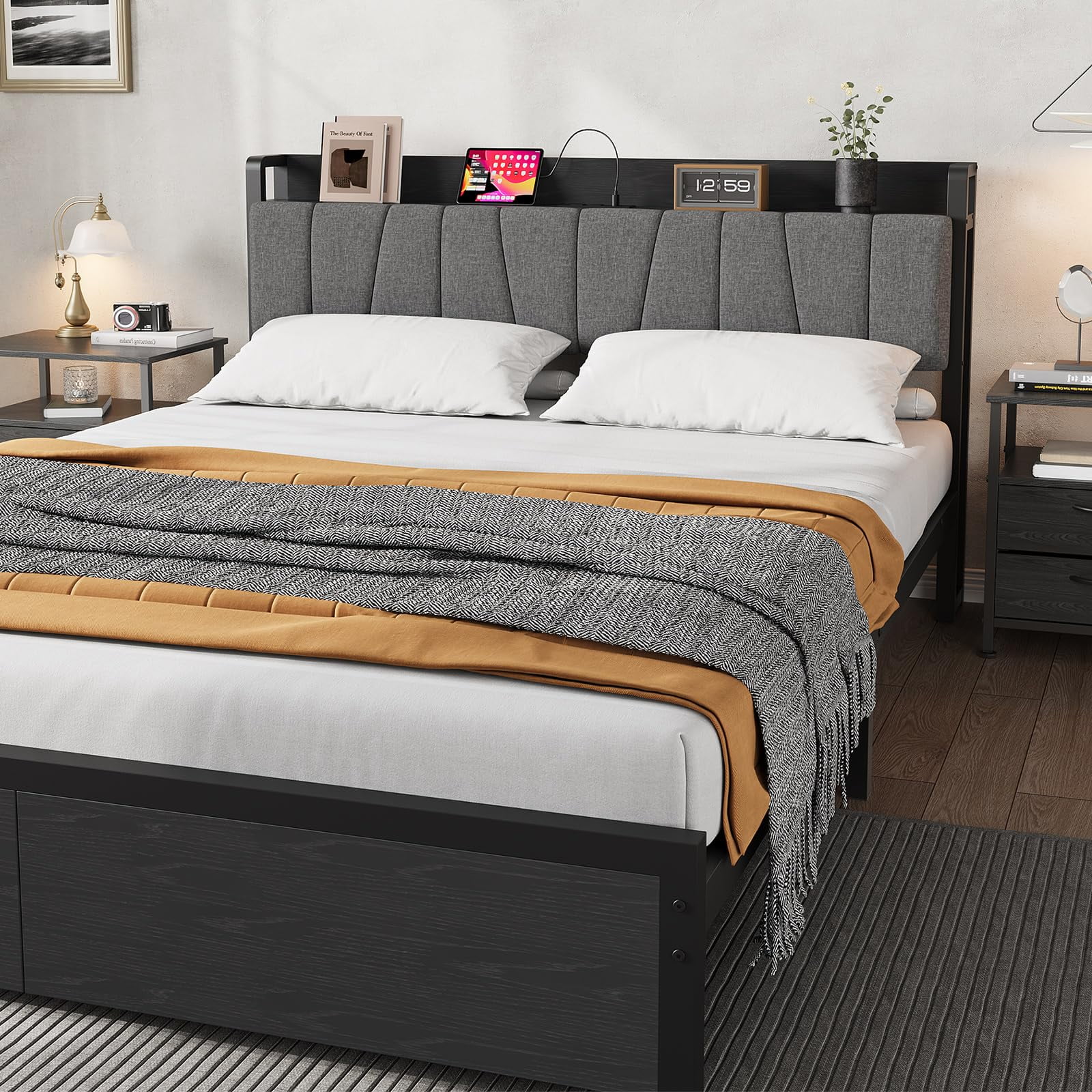 Ataucjin Full/Queen/King Size Bed Frame with Storage Headboard,Upholstered Platform Bed Frame with 2 Large Drawers and Charging Station,No Box Spring Needed,Noise Free,Easy Assembly