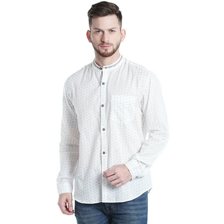 Mandarin Collar Shirt - Shatranj Men's Indian Print Mandarin Collar Button-Down Shirt; White
