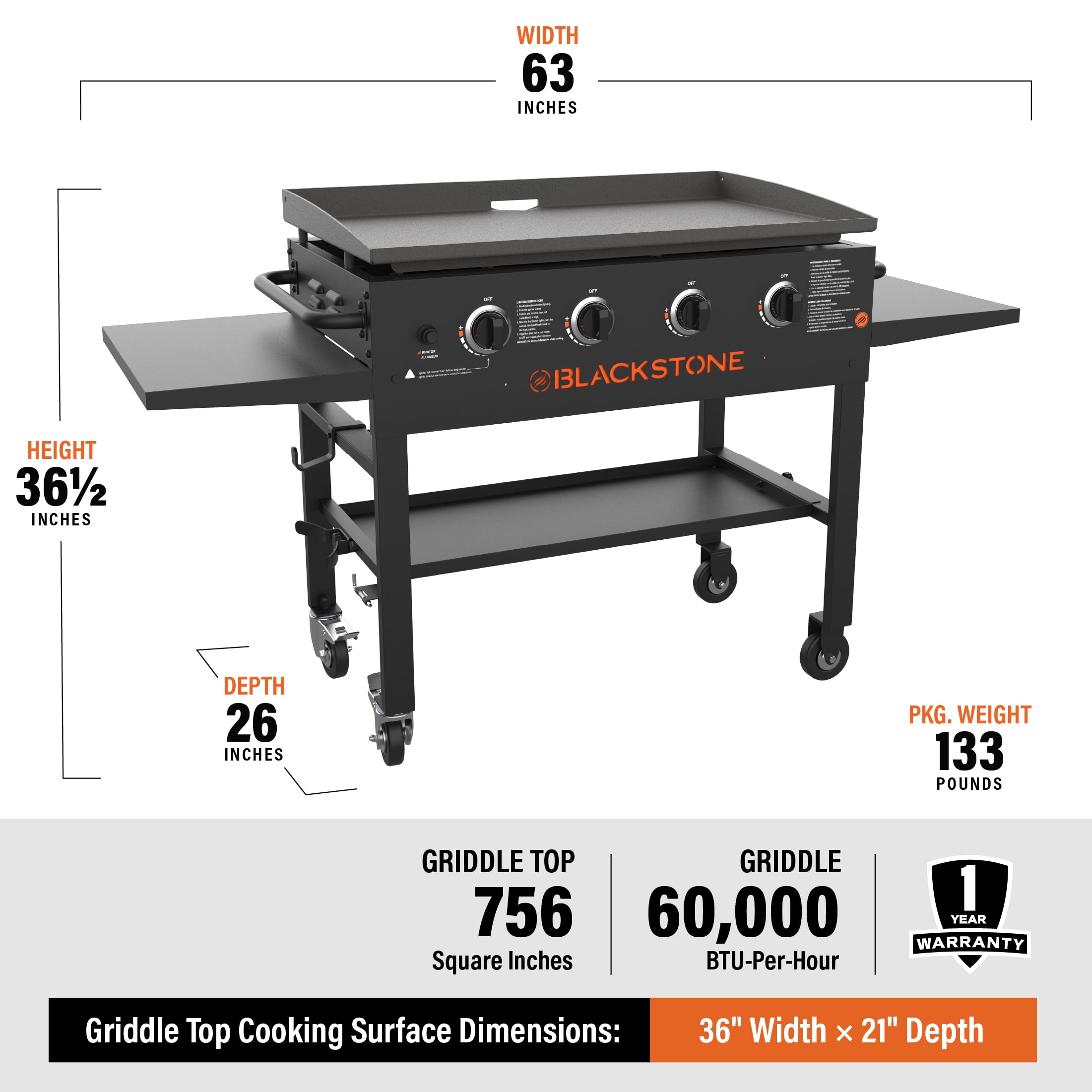  Blackstone 36 Inch Gas Griddle Cooking Station 4 Burner Flat  Top Gas Grill Propane Fuelled Restaurant Grade Professional 36” Outdoor  Griddle Station with Side Shelf (1554) : Clothing, Shoes & Jewelry