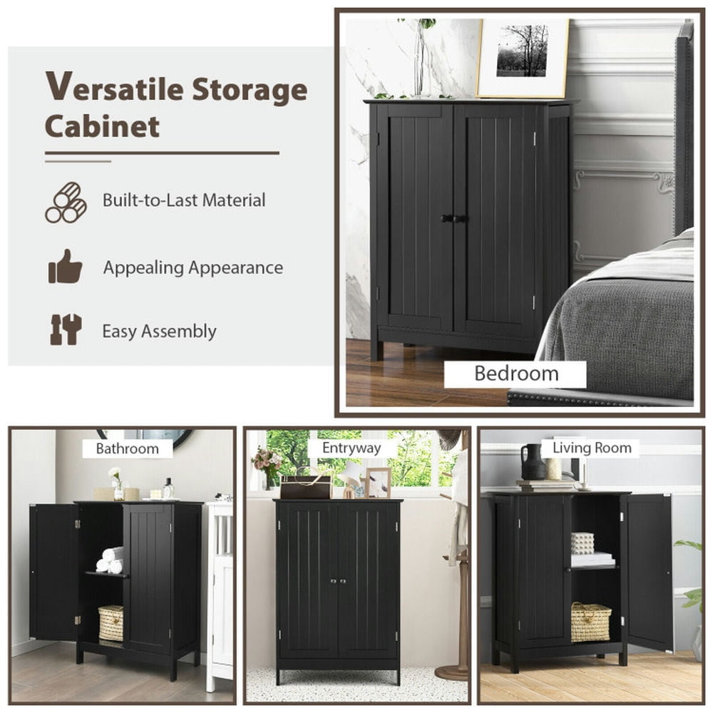 Finihen Storage Cabinet, Floor Cabinet, 2-Door Freee-Standing Bathroom Cabinet with Shelf, for Bathroom, Living Room, Bedroom, Kitchen, Black