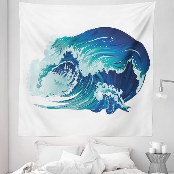 Ocean Blue Tapestry, Nature Furious Rushing Waves Surfing Swirling Sea Storm Marine Illustration, Fabric Wall Hanging Decor for Bedroom Living Room Dorm, 5 Sizes, Multicolor, by Ambesonne