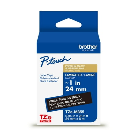 Brother P-touch TZeM355 White Print on Black Label Tape, 3/4 in x 26.2 ft Laminated, 1-Piece