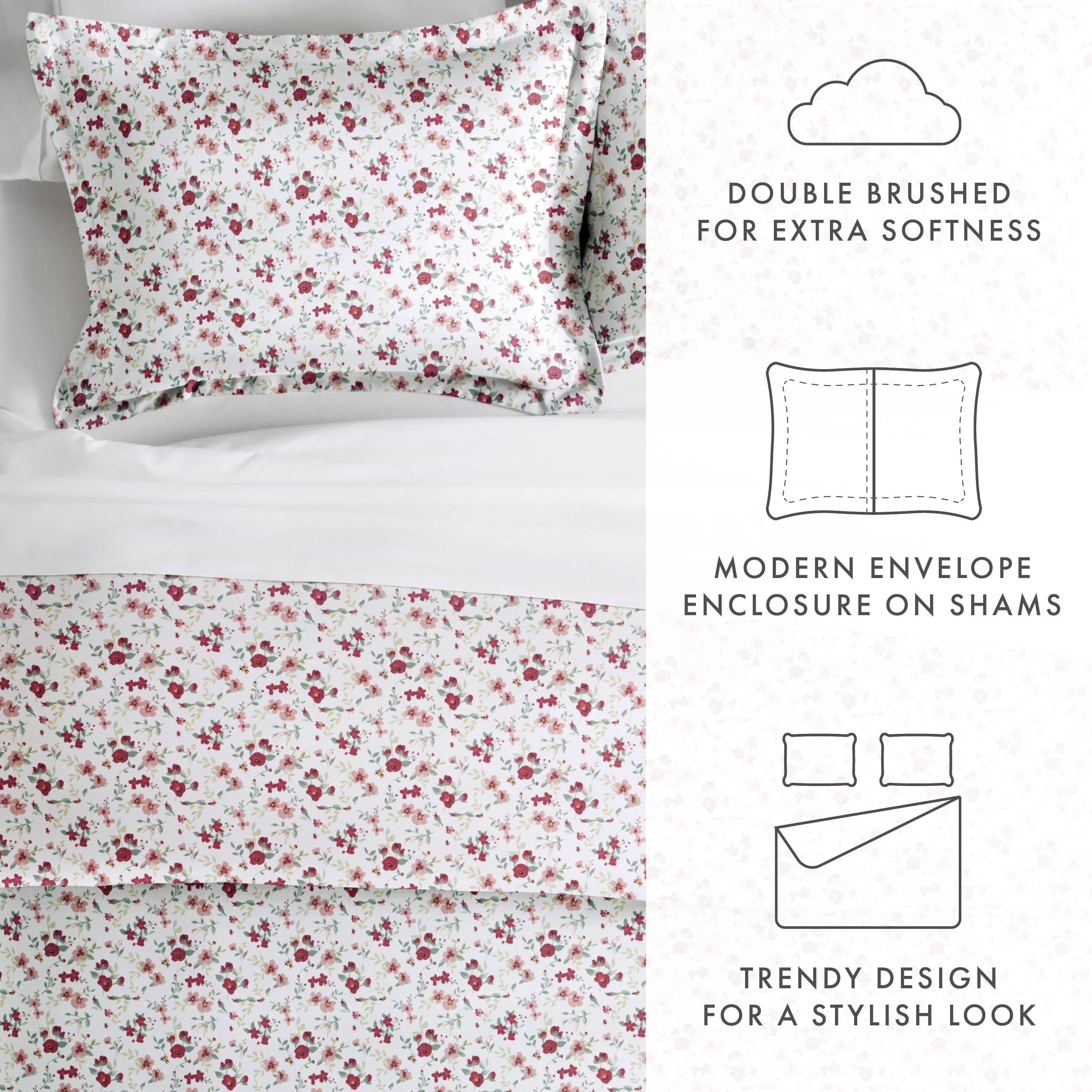 Noble Linens Pink Blossoms Print Duvet Set 3-Piece Duvet Cover Set, Full/Queen