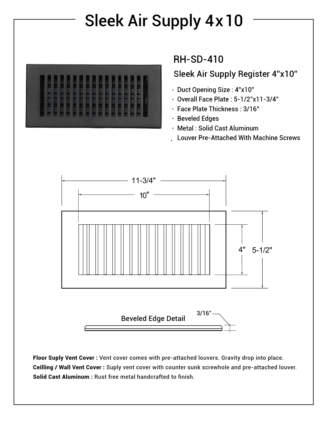 SET of 5 SLEEK Vent cover 4"x10" duct opening (Overall 5-1/2"x 11-3/4") in Simple Design Solid Cast Aluminum register cover || Powder Coated White with holes