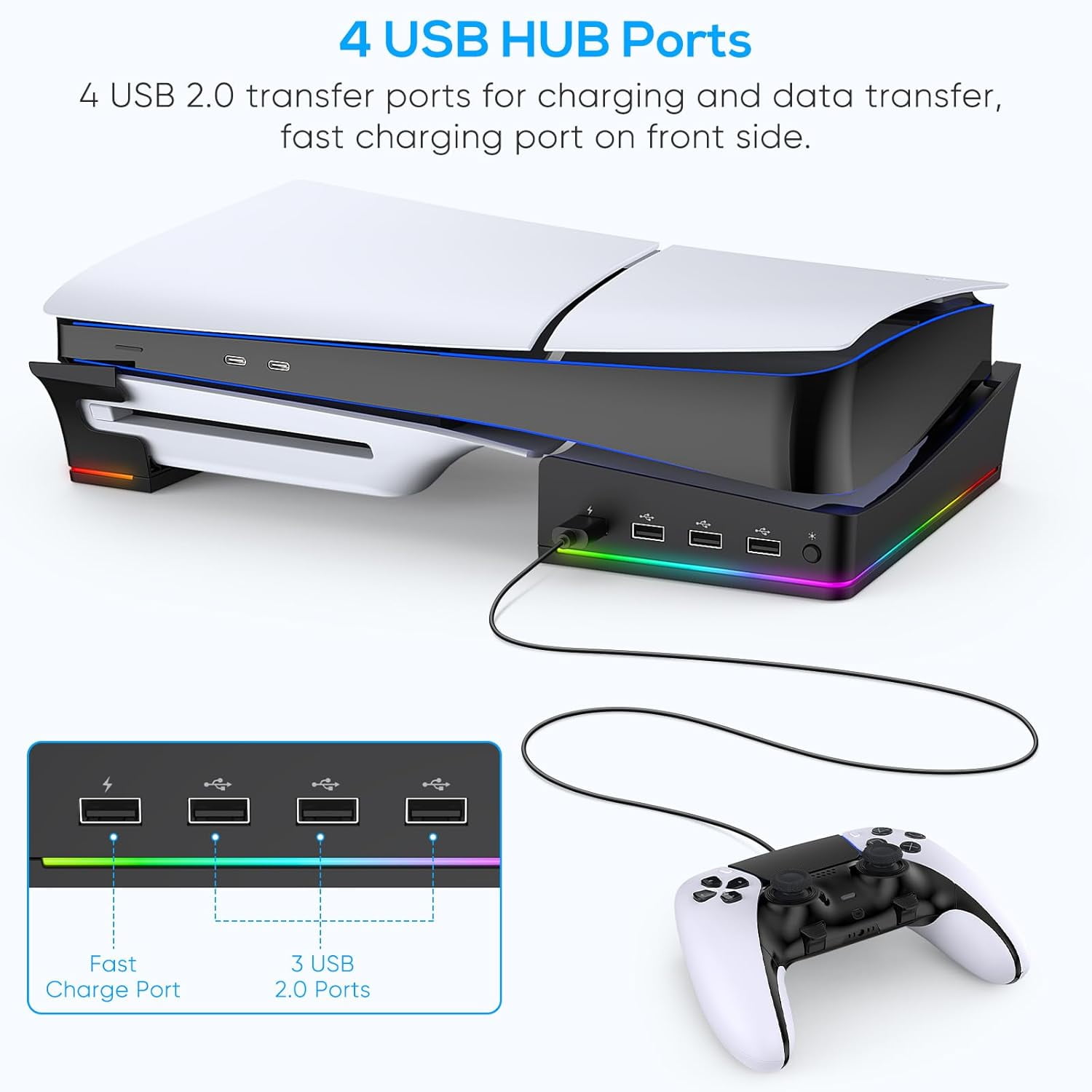 RGB Horizontal Stand for PS5 Pro / Slim Console Accessories with 14 Light Mode and 4 USB Hubs, Side Stand for Playstation 5 Pro / Slim Disc & Digital, Base Holder with Fast Charging, Black