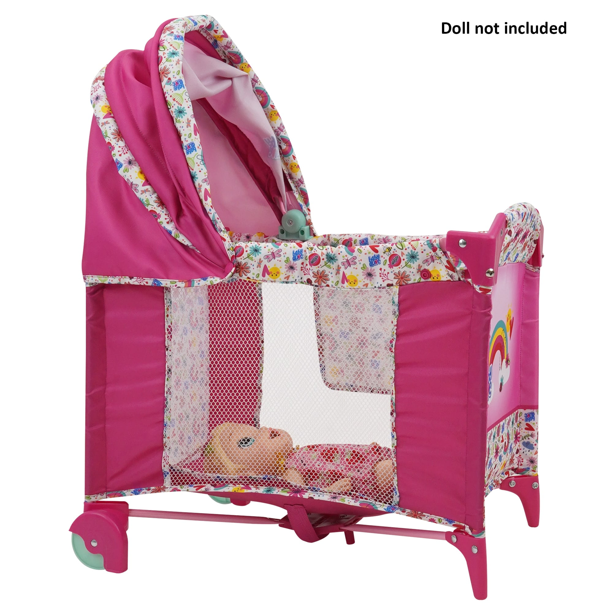 Baby Alive: Deluxe Classic Doll Pram - Pink & Rainbow - Includes Matching  Handbag/Diaper Bag, Fits Dolls up to 18, Large Canopy, Storage Basket 