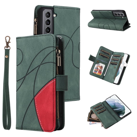 Multifunctional Case for Samsung S22 Plus,[RFID Blocking] 9 Credit Cards Holder with Wrist Strap, Premium PU Leather Zipper Wallet Purse Magnetic Flip Phone Cover for Samsung Galaxy S22 Plus, Green