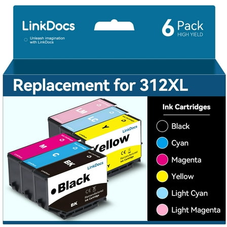 LinkDocs Ink with Latest Chips Replacement for Epson 312 312xl T312xl Work for Expression Photo XP-8500 XP8500 Printer (6 Pack, BK/C/M/Y/LC/LM)