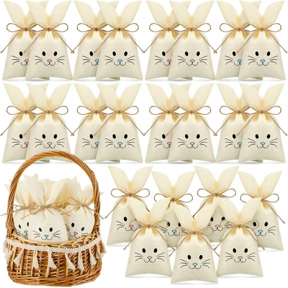 AOMRCOL 36 Pcs Easter Treat Sacks Bags with Drawstring Bunny Gift Bags Bunny Party Favors Small Burlap Bags for Kids Goody Basket Party Supplies Cookies Candy Chocolate Hunt Stuffer