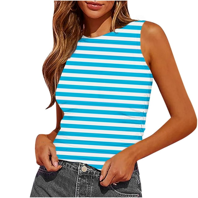 Plebaso Débardeurs Rayés Slim pour Femmes Sans Manches Col Rond Blouses Froncées Été Décontracté Basique Tee Tops