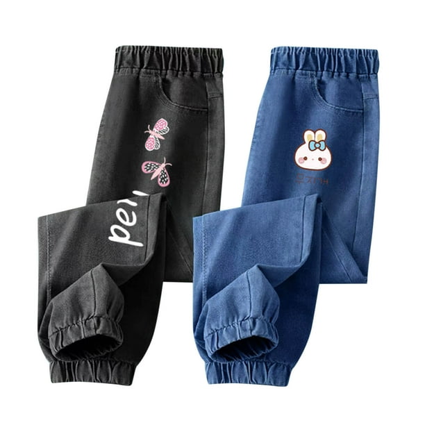 Odeerbi 3-12 Años Niñas 2 Pcs Jeans Lindo Conejo Impresión Pantalones Denim Guapo Suelto Casual Outerwear Vaquero Pantalones
