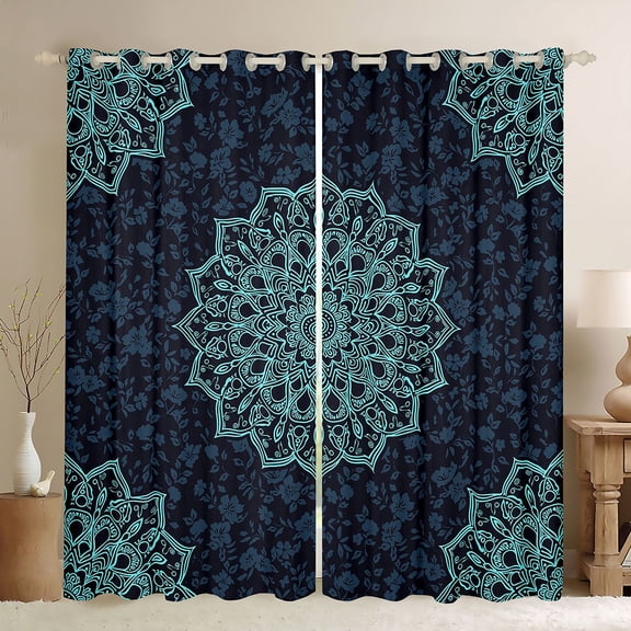 Manfei Female Men Blue Mandala Black Out Curtains,Exotic Style Curtains Pack of 2 (42x63 Each),Bohemian Hippie Flower Bedroom Curtains,Microfiber Bedroom Decor