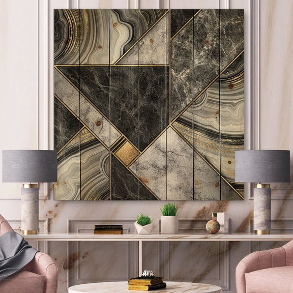 Designart 'Touches Of Gold With Marble Granite Agate' Modern Print on Natural Pine Wood