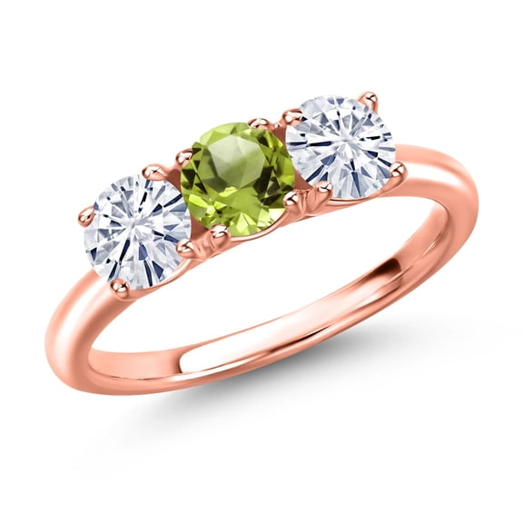 Gem Stone King 18K Rose Gold Plated Silver Green Peridot and White Moissanite Engagement Ring for Women | 1.55 Cttw | Round 5MM | Gemstone August Birthstone | Size 7