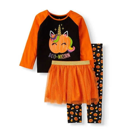 Halloween Toddler Girl Long Sleeve Graphic T-Shirt, Printed Leggings & Glitter Tutu, 3pc Outfit Set