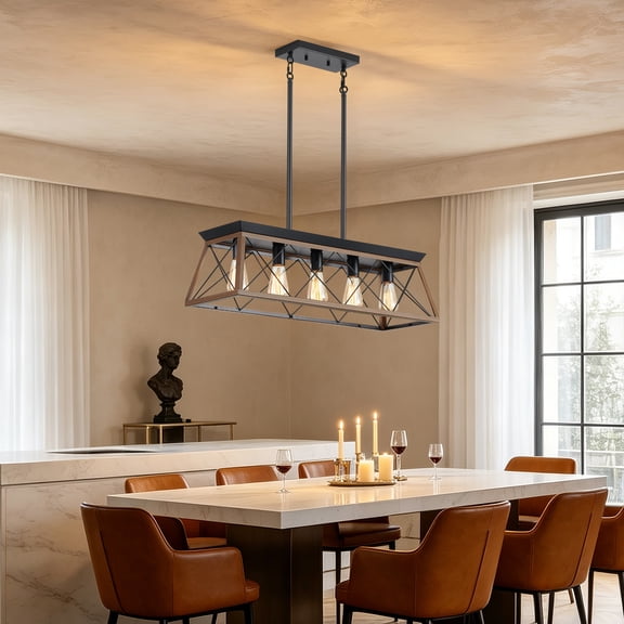 GDF Studio 5-Light E26 Farmhouse Chandelier, Rustic Kitchen Island Pendant Light with Adjustable Height, Walnut