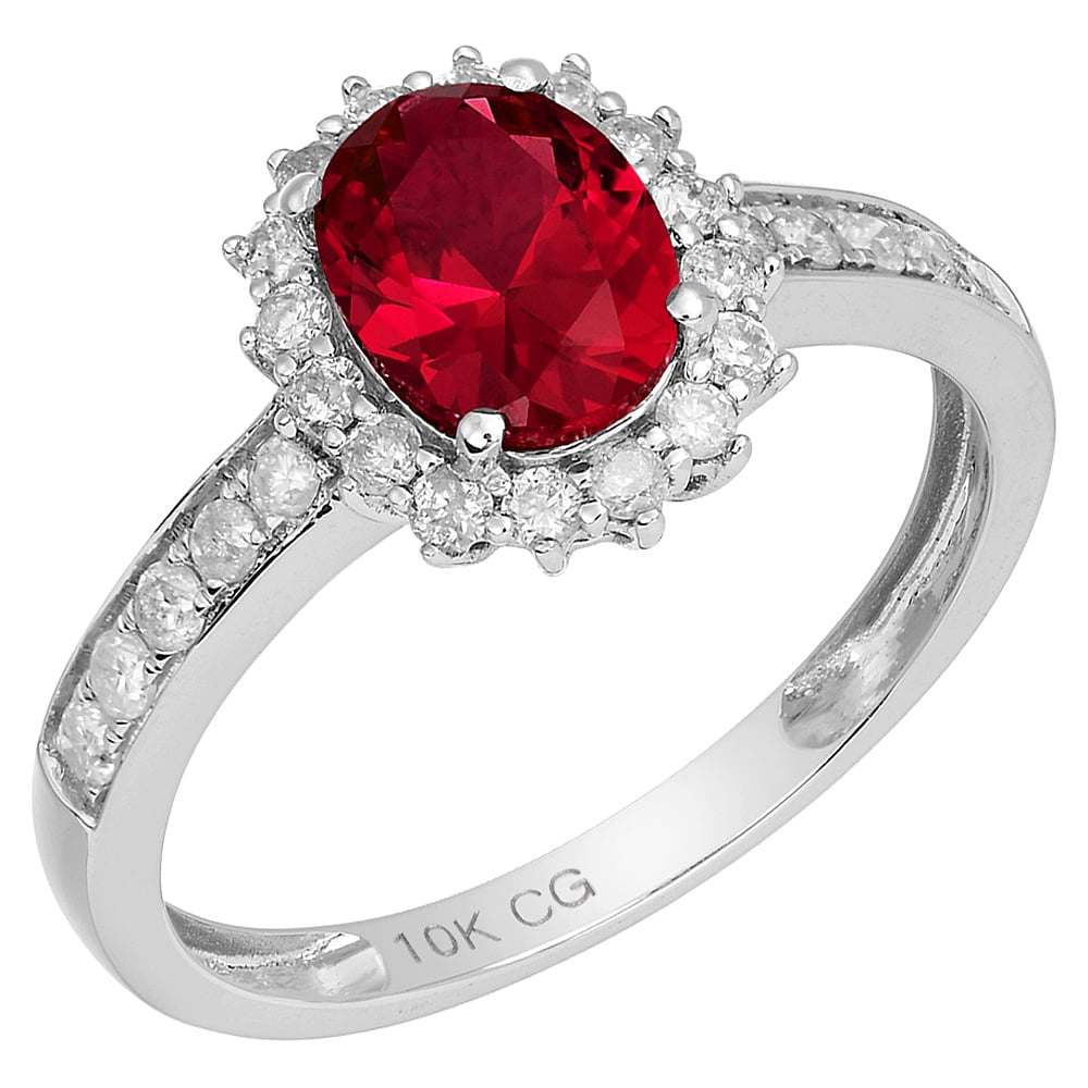 10k White Solid Gold Oval Created Ruby and Natural Diamond Halo Birthstone Engagement Ring
