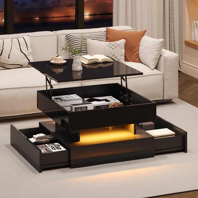 Noble House Lift-Top Coffee Table with LED Light & 2 Drawers,Black