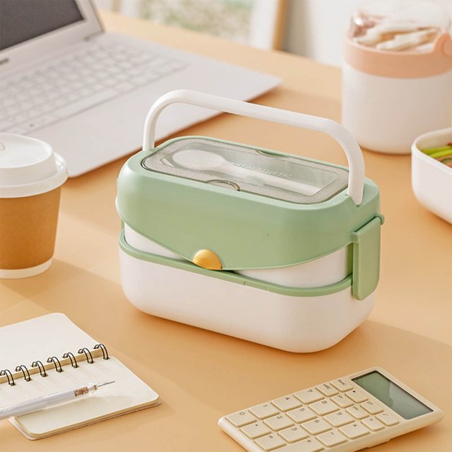 Antqov Double Compartmentalized Handle Lunch Box Large Capacity High Appearanceplastic Lunch Box with Spork, Home Accessories