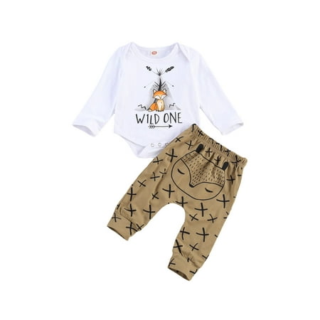 

Peyakidsaa Infant Baby Boys Girls Clothes Set Fox Letters Printed Romper Long Pants Set