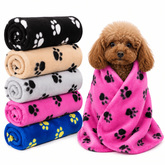ICREOPRO 5-Pack Pet Blanket, 27 x 39 in Soft Fleece Dog and Cat Blankets with Paw Prints, Washable Pet Throw Blankets for Bed, Couch, Car and Travel