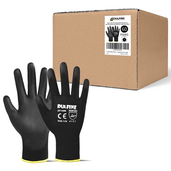 DULFINE Ultra-Thin PU Coated Work Gloves-60 Pairs,Excellent Grip,Nylon Shell Black Polyurethane Coated Safety Work Gloves, Knit Wrist Cuff,Ideal for