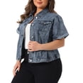 thumbnail image 4 of Agnes Orinda Women's Plus Size Button Front Work Crop Short Sleeves Denim Jacket 3X Grey Blue, 4 of 6