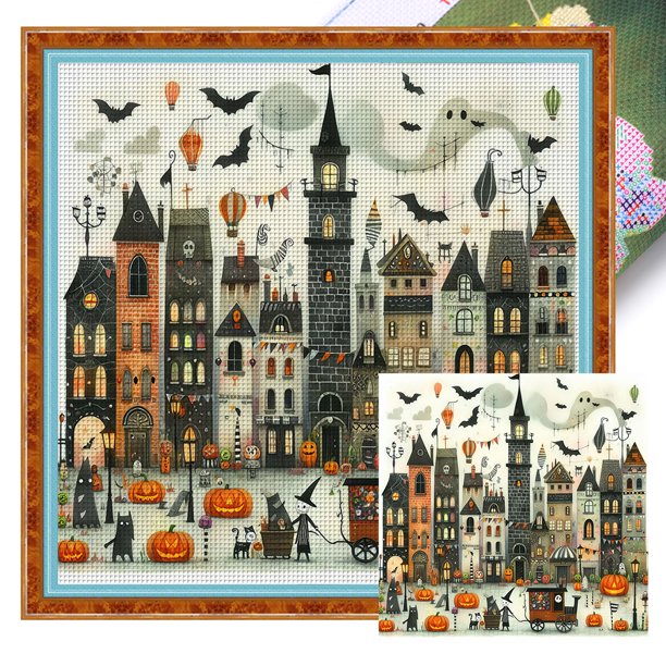 Hilo Algodón Ecológico Bordado Punto Cruz Con 14CT Casa Halloween 40x40cm