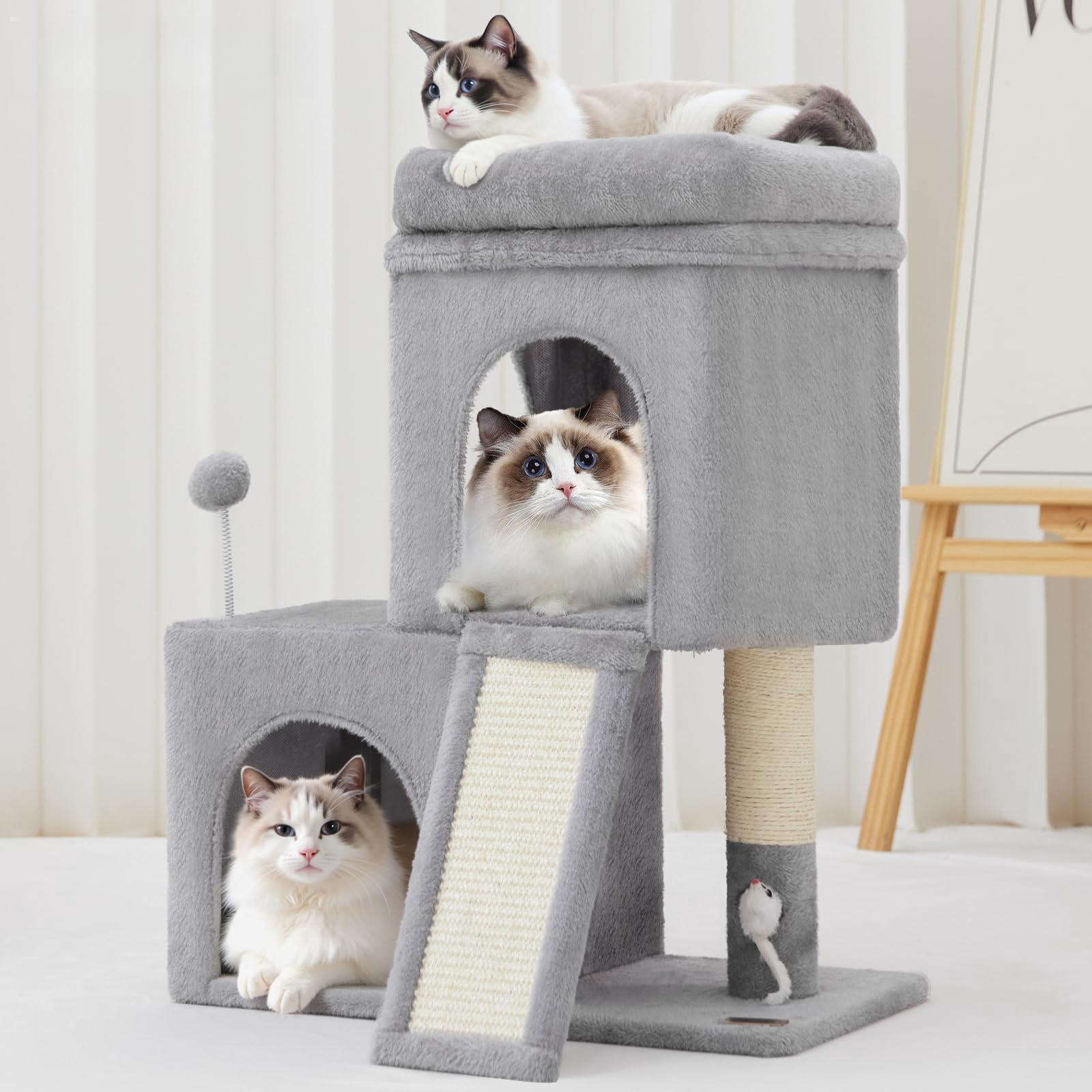 24inch Tall Cat Tree With 2 Condo And Mouse Cozy Small Tower Board For Kitties Cats.(light Grey) (22 * 13 28)