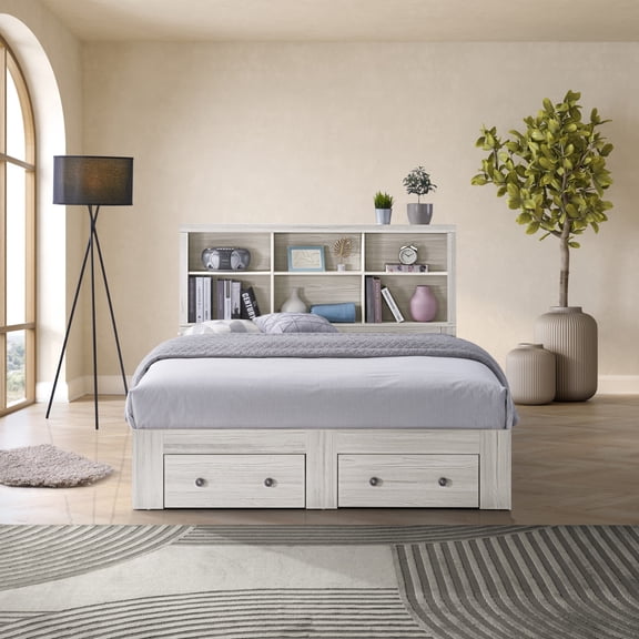 Home Design Salina Queen Bookcase Platform Bed with 2 Drawer, Light Gray