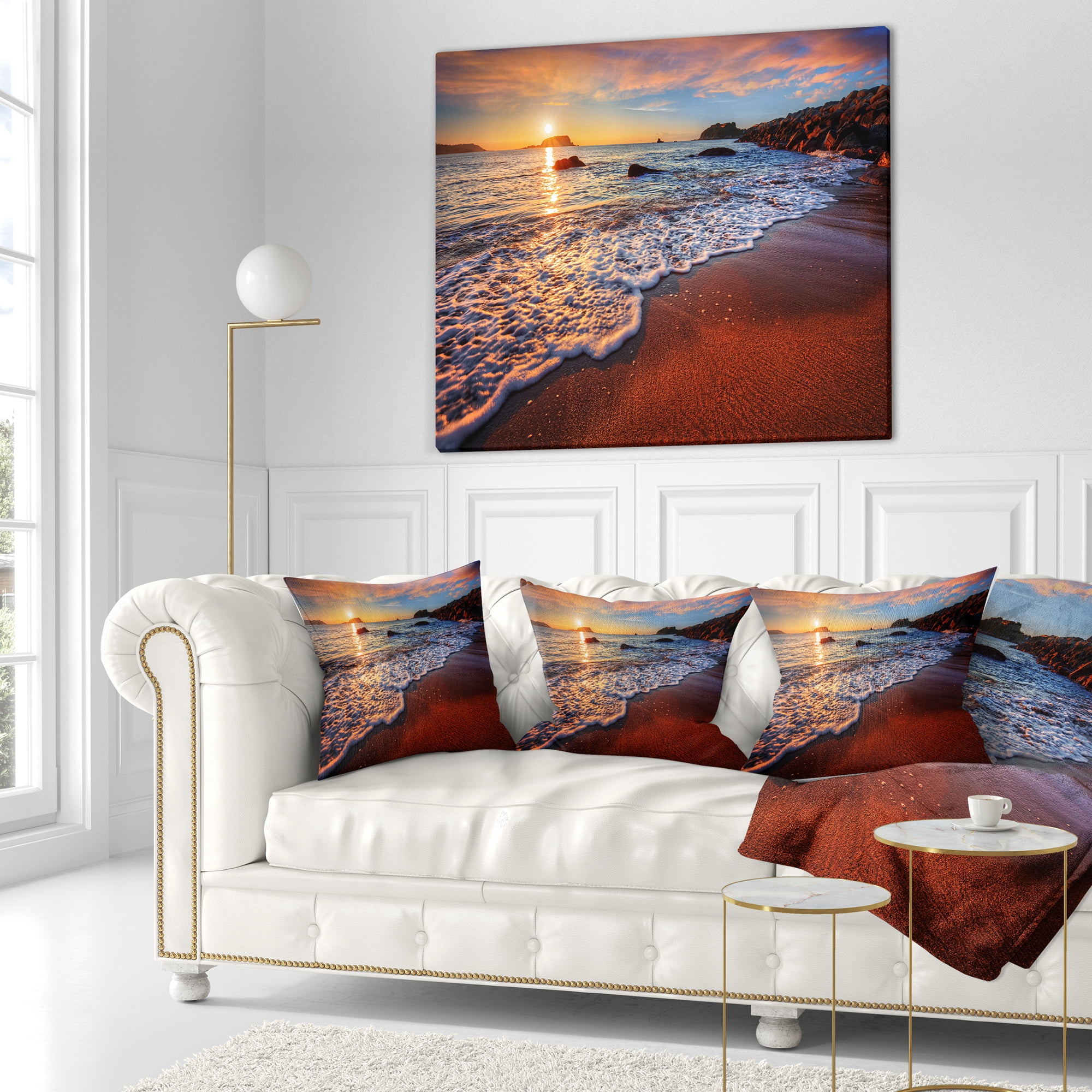 Designart Stunning Ocean Beach at Sunset - Seashore Throw Pillow - 16x16
