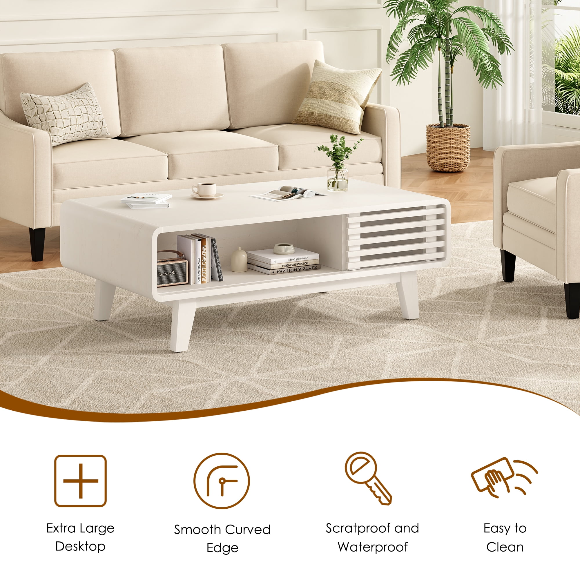 TrumanPick Mid Century Farmhouse Wood Coffee Table with Storage, for Living Room