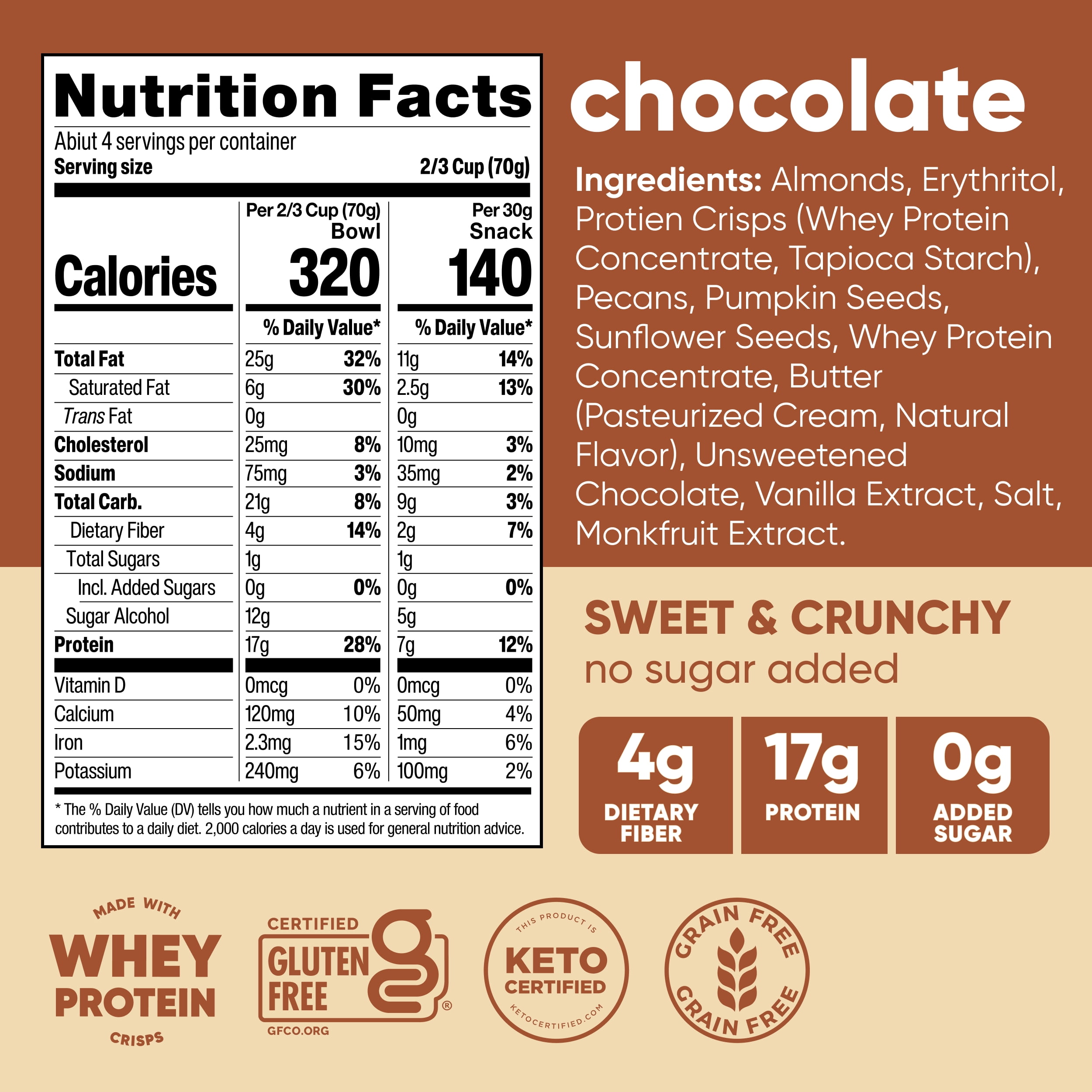 (4 pack) NuTrail 17g Protein Nut Granola Cereal, Chocolate, No Sugar Added, Keto, Low Carb, Gluten Free, Grain Free, Healthy Breakfast 10 oz. 1 Count