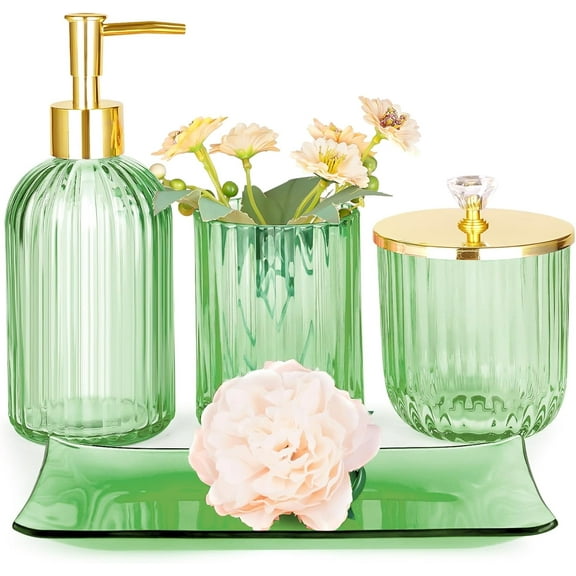 Bathroom Accessories Set, 4 Pcs Green Glass Bathroom Accessories, Bathroom Set W/Toothbrush Holder, Lotion Soap Dispenser, Cotton Swab Jar, Vanity Tray, Modern Bathroom Decor, Perfect Decorating Idea