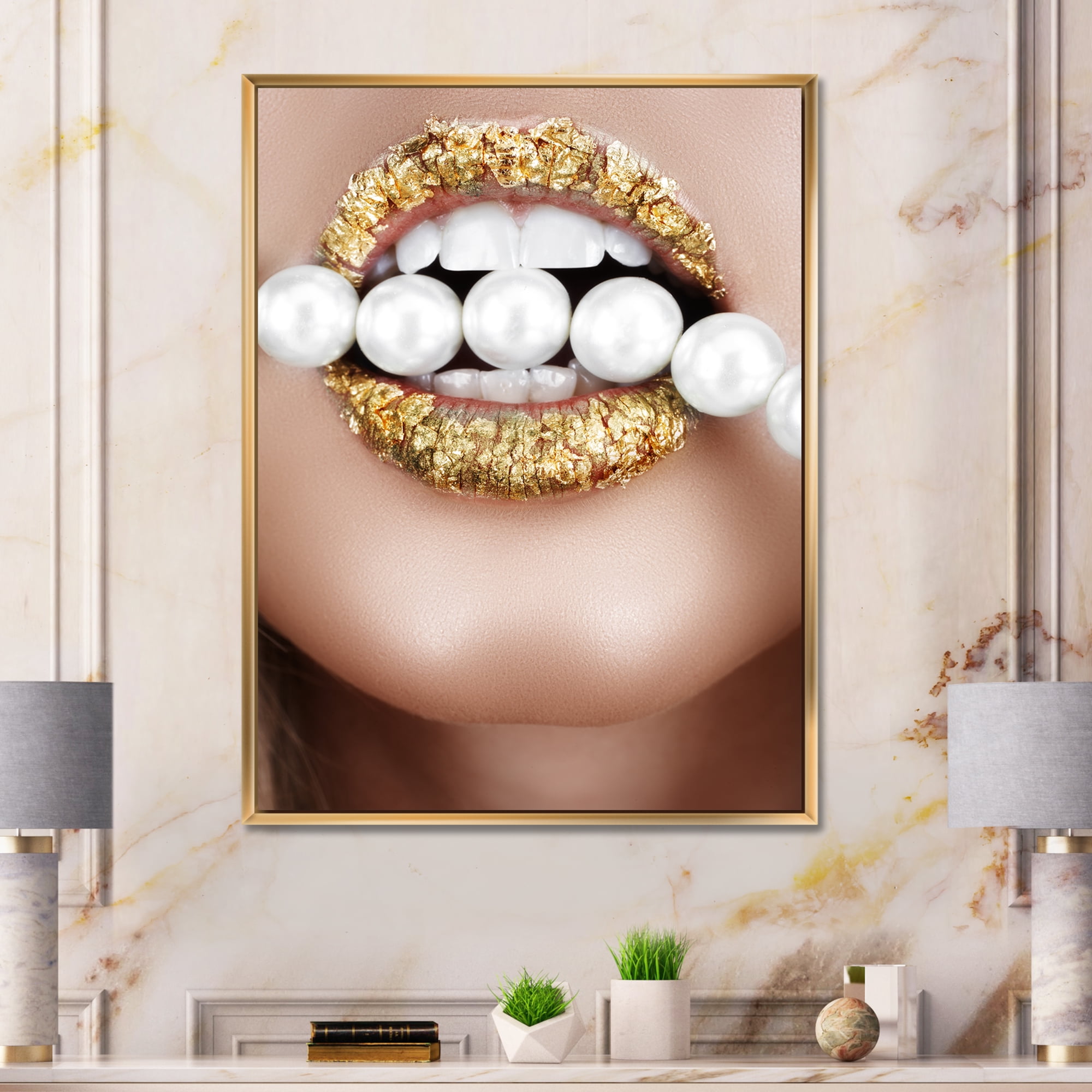 Designart 'Gold Leaf Lips Mouth With Pearls' Modern Framed Canvas Wall Art Print