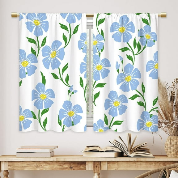 Boho Blue Flower Floral Kitchen Curtains Plant Botanical Leaves Bathroom Curtains Window Treatment Drapes Tier Herb Country Cafe Small Bedroom Short French Door Curtains 2 Panels 28x40 Inch