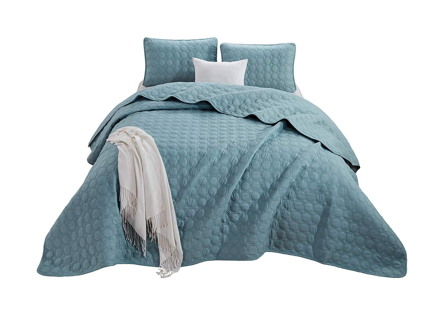 3-Piece Solid Color Spa Blue Geometric Octagon Embossed Oversized Bedspread Set