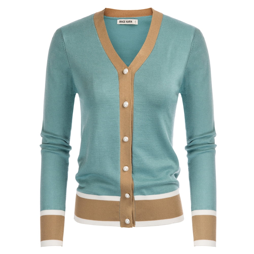 GRACE KARIN Women Long Sleeve Cardigan Contrast Color V-Neck Sweater Knitwear 