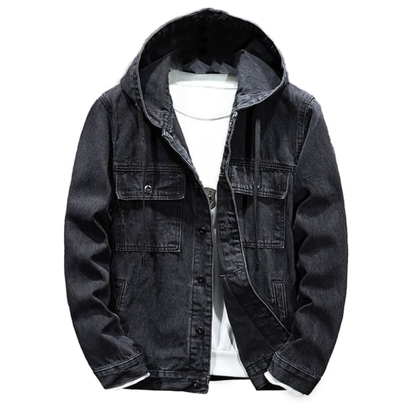 Men's Denim Jackets Hooded Button Down Windproof Jeans Jackets Trucker Coat