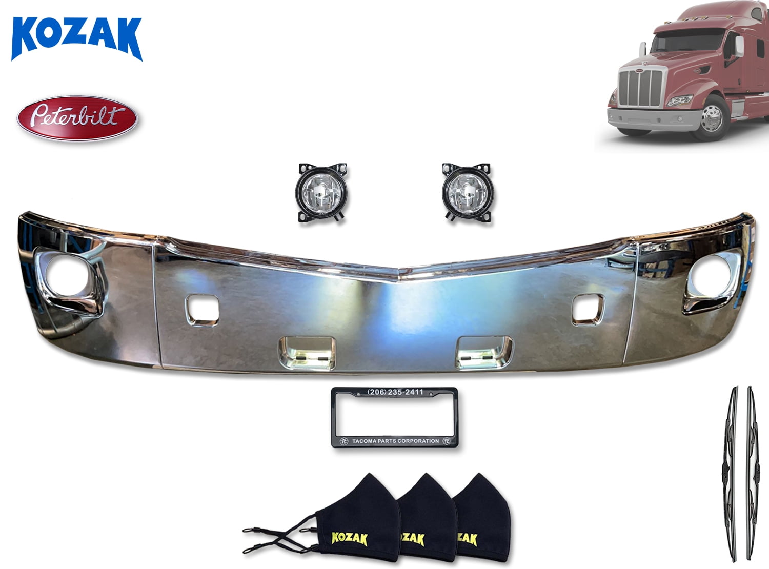 Replacement Chrome Center Bumper and Bumper Corners with Fog Light Hole