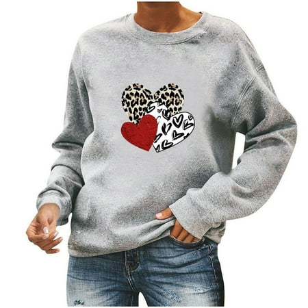 

Womens Long Sleeves Blouse Valentine s Day Fashion Love Printing Solid Pullover Casual Loose Round Neck Ladies Tunics Sweatshirt Top