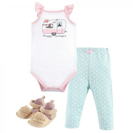 UPC: 0660168559750 | Hudson Baby Infant Girl Cotton Bodysuit  Pant and Shoe 3pc Set  Pink Happy Camper  12-18 Months