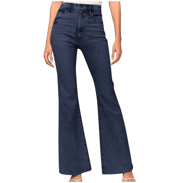 Bigersell Bell Bottom Jeans for Women Trendy High Waisted Boot Cut Jeans with Pockets Plus Size Jeans Full Length Denim Pants Button Closure Flare-Leg Jeans BlueL