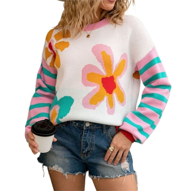 Suéter de cuello redondo con estampado floral for mujer, holgado, de manga larga, de punto estético, suéteres