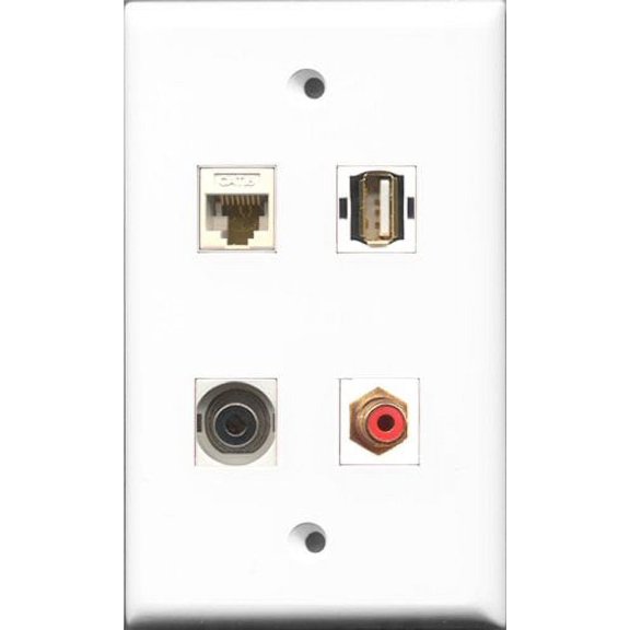 RiteAV 1 Port RCA Red and 1 Port USB A-A and 1 Port 3.5mm and 1 Port Cat6 Ethernet White Wall Plate