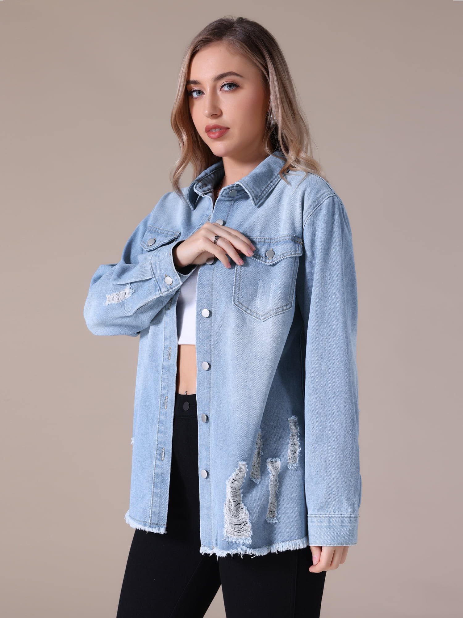 Unique Bargains Women's Frayed Hem Long Sleeve Lightweight Denim Jacket L Light Blue
