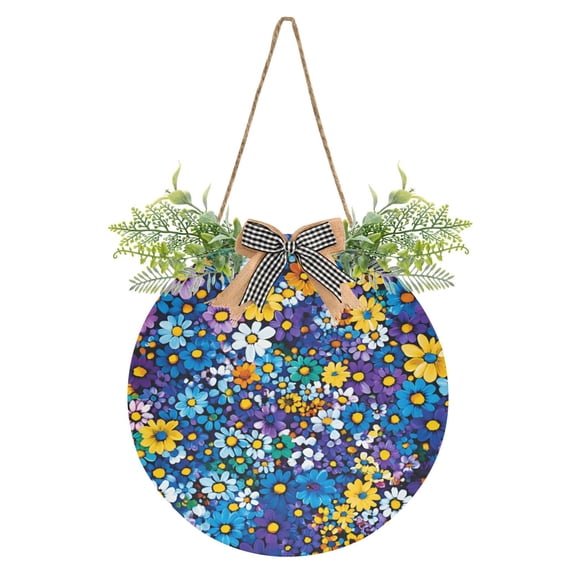Colorful Wildflower Floral Front Door Porch Decoration Hanging Sign with Artificial Green Plants and Bow for Home Outdoor Indoor